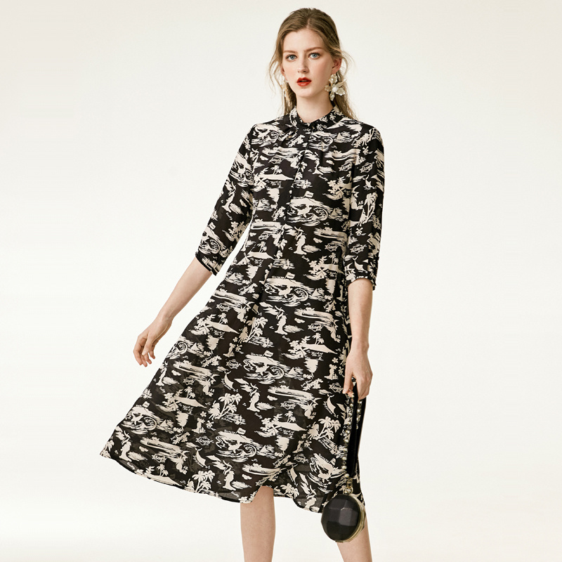 Coconut Tree Floral Print Silk Dress In Black Or Dark Slate Gray | VoguesUs