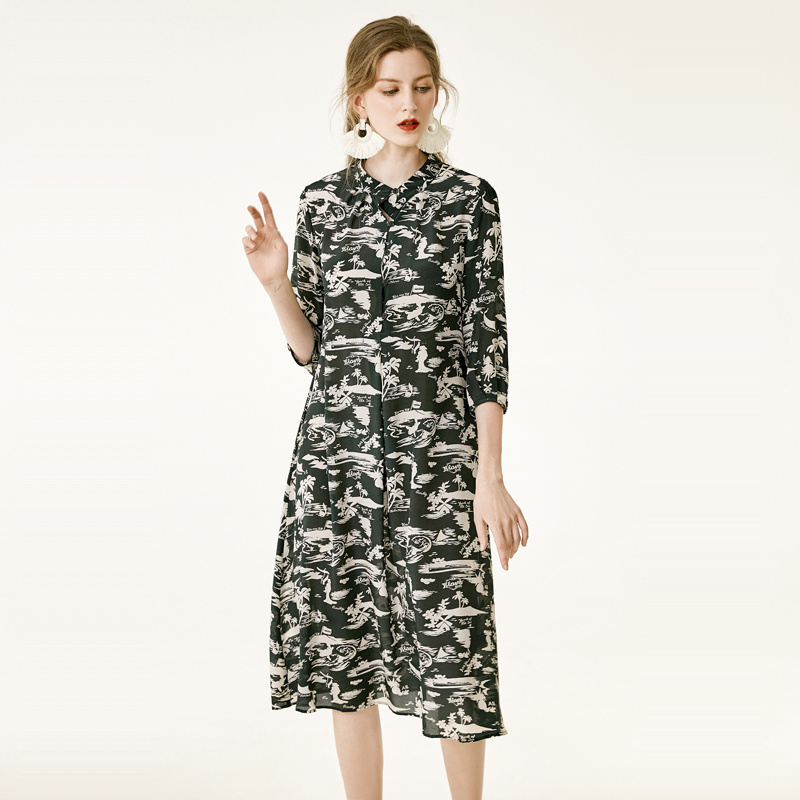 Coconut Tree Floral Print Silk Dress In Black Or Dark Slate Gray | VoguesUs