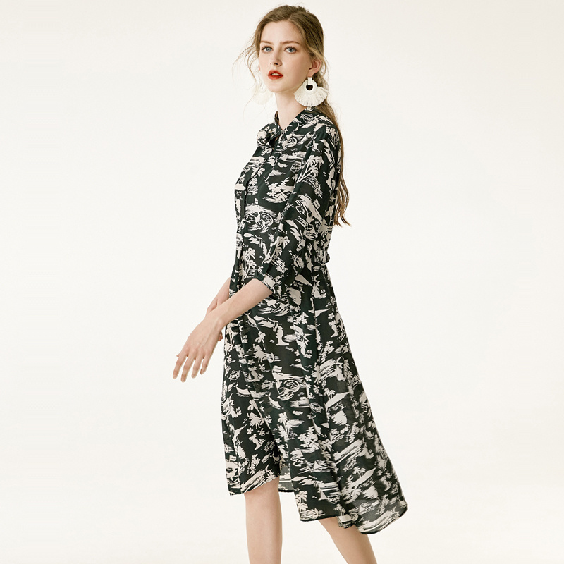Coconut Tree Floral Print Silk Dress In Black Or Dark Slate Gray | VoguesUs