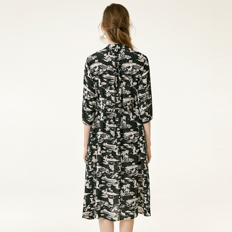 Coconut Tree Floral Print Silk Dress In Black Or Dark Slate Gray | VoguesUs