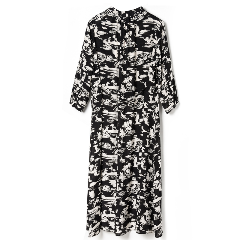 Coconut Tree Floral Print Silk Dress In Black Or Dark Slate Gray | VoguesUs