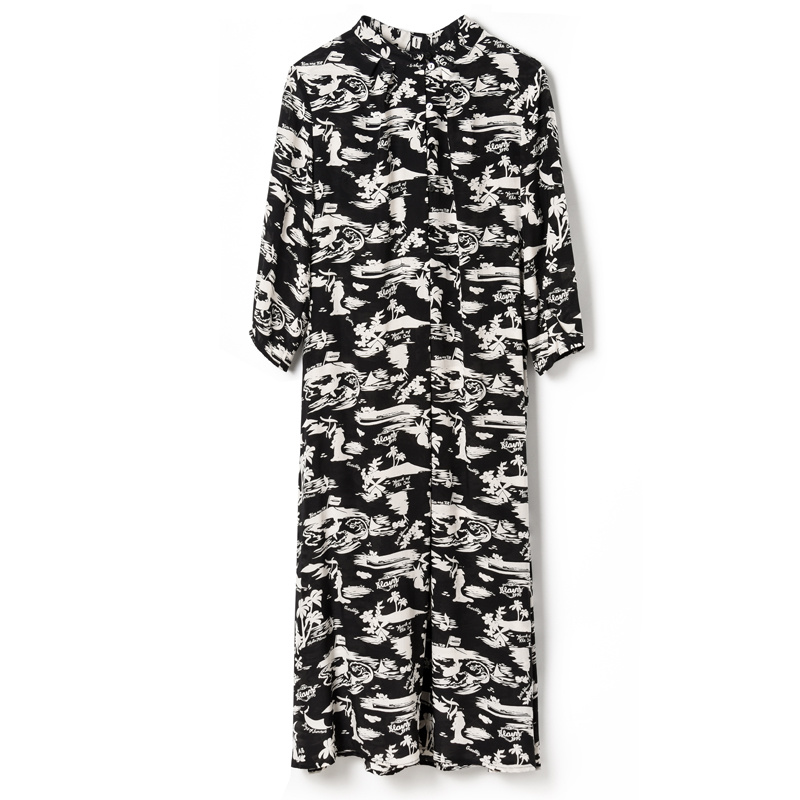 Coconut Tree Floral Print Silk Dress In Black Or Dark Slate Gray | VoguesUs