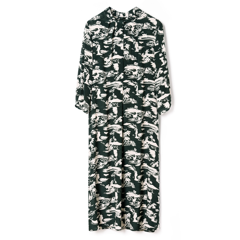 Coconut Tree Floral Print Silk Dress In Black Or Dark Slate Gray | VoguesUs