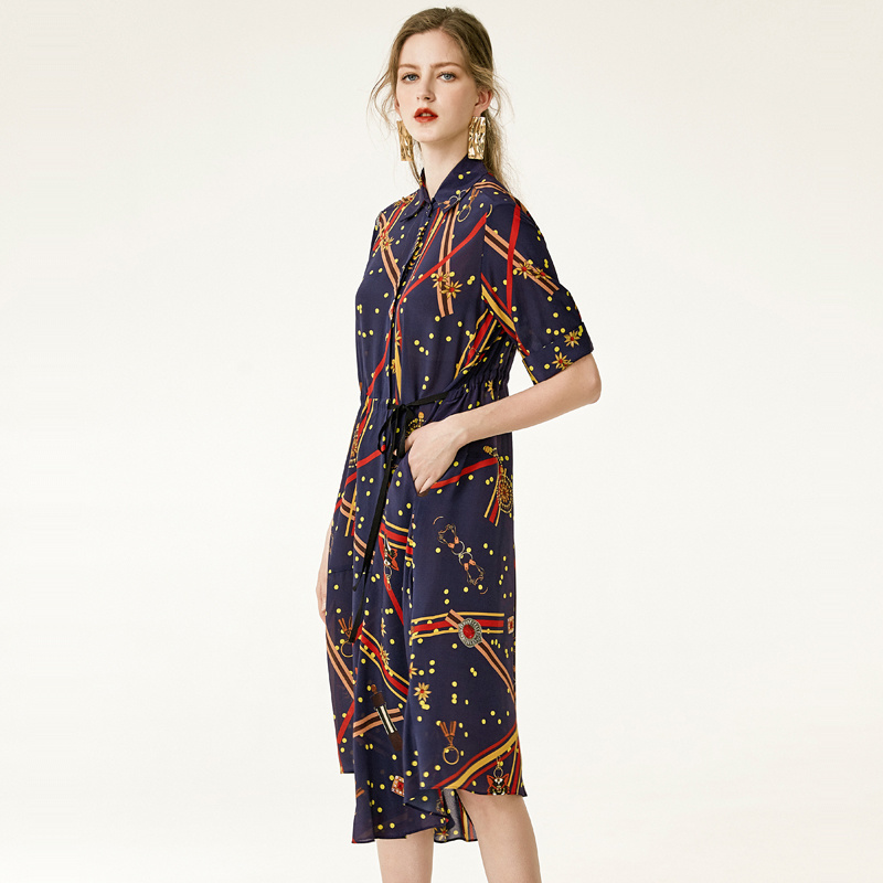 French Midnight Blue Lapels Print Silk Dress With Asymmetrical Hem | VoguesUs