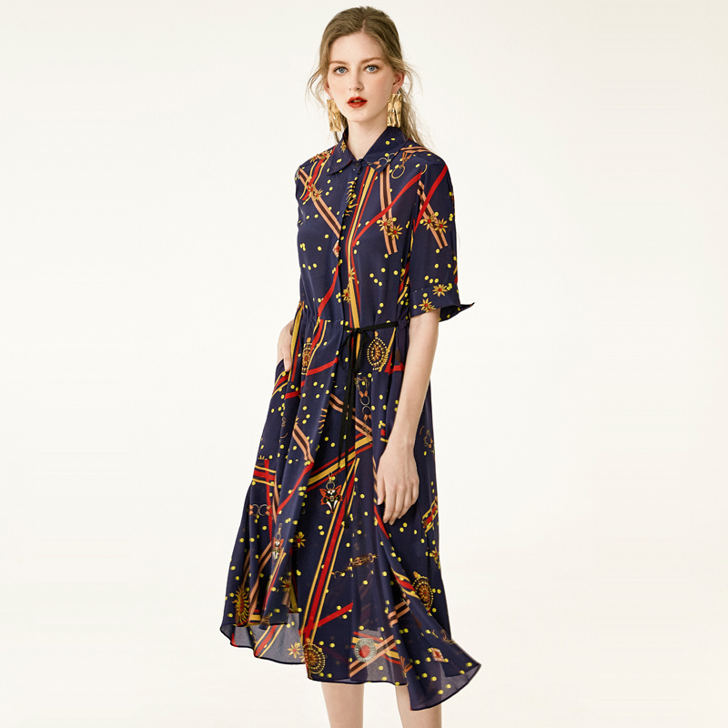 French Midnight Blue Lapels Print Silk Dress With Asymmetrical Hem | VoguesUs