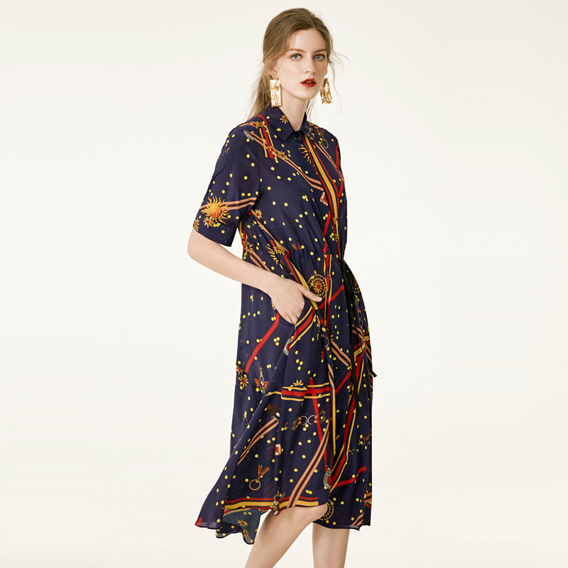 French Midnight Blue Lapels Print Silk Dress With Asymmetrical Hem | VoguesUs