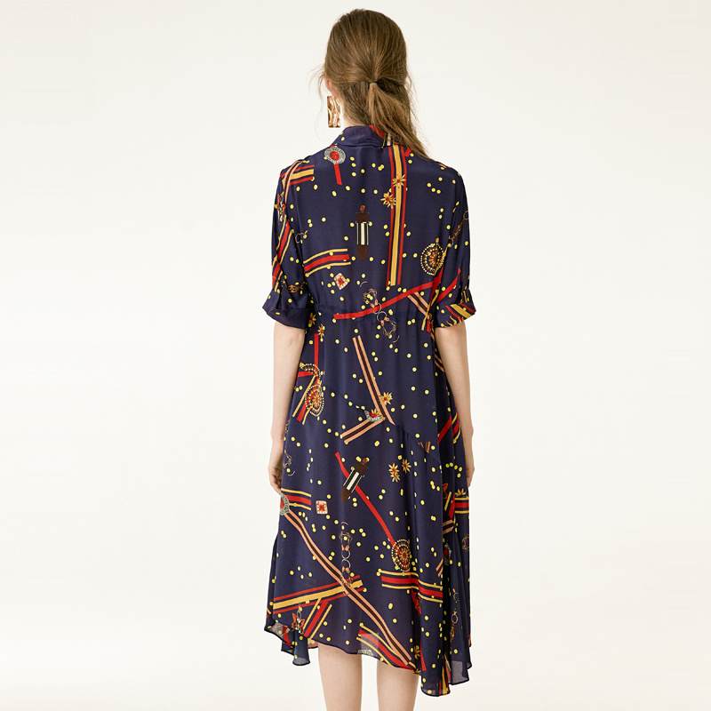 French Midnight Blue Lapels Print Silk Dress With Asymmetrical Hem | VoguesUs