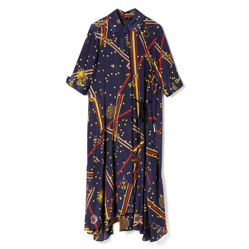 Französisch Midnight Blue Revers-Print-Kleid Aus Seide Mit Asymmetrischem Saum | VoguesUs