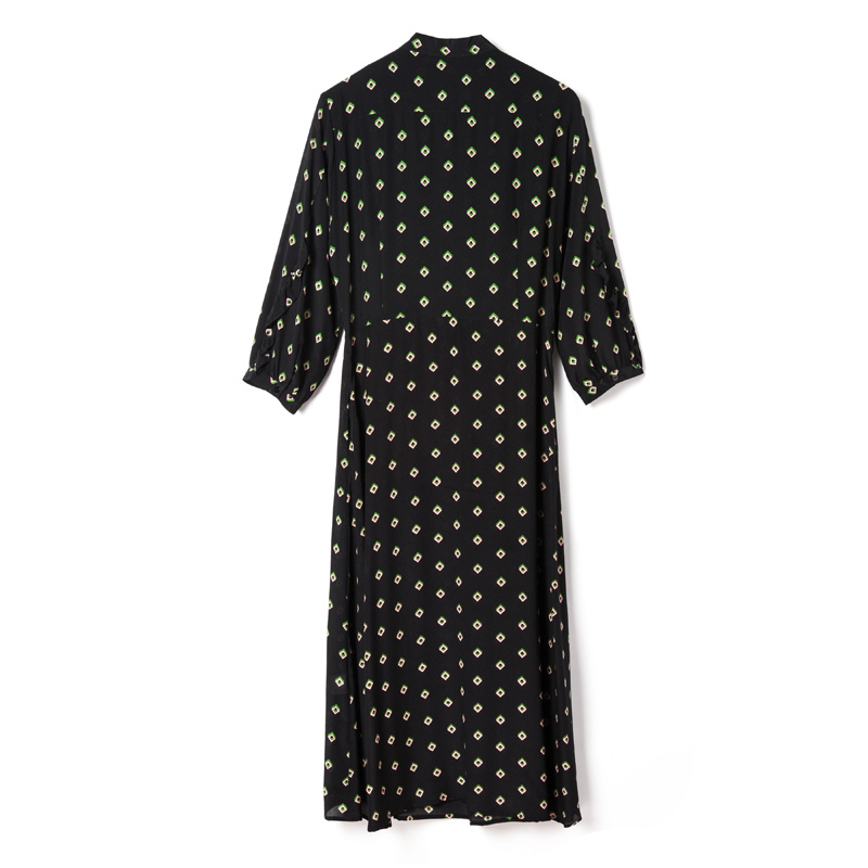 Black Print Plaid Halb Ärmel Silk Dress With Tie Waist | VoguesUs