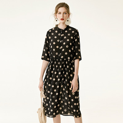 Noir Polka Dot La Moitié De La Manche En Soie Pure Midi Robe | VoguesUs