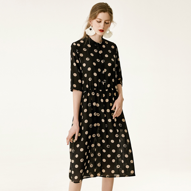 Noir Polka Dot La Moitié De La Manche En Soie Pure Midi Robe | VoguesUs