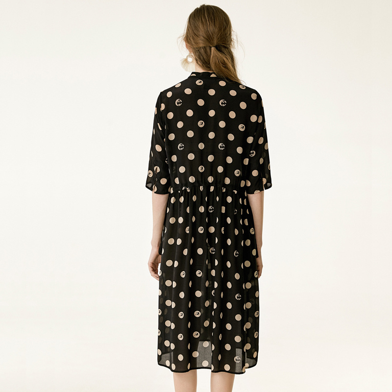 Noir Polka Dot La Moitié De La Manche En Soie Pure Midi Robe | VoguesUs