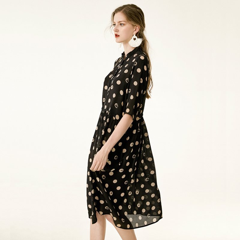 Noir Polka Dot La Moitié De La Manche En Soie Pure Midi Robe | VoguesUs