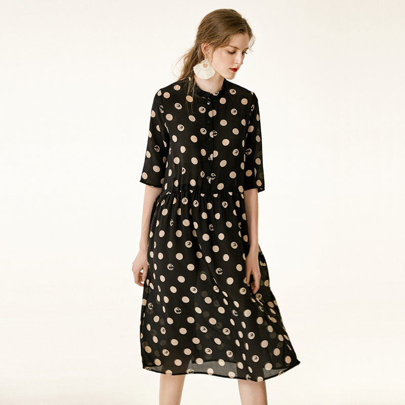Noir Polka Dot La Moitié De La Manche En Soie Pure Midi Robe | VoguesUs