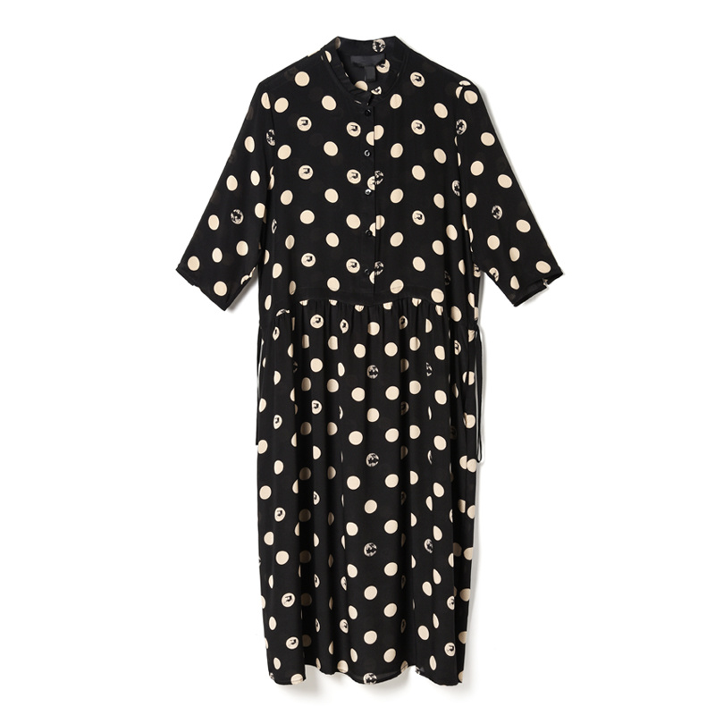 Schwarz Polka Dot Halbarm Aus Reiner Seide Midi-Kleid | VoguesUs