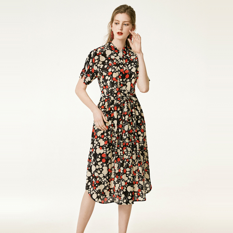 Herbst Blätter-Print Reverskragen Kurze Ärmel Seide Kleid Mit Schlitz Am Saum | VoguesUs