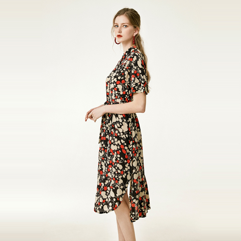 Herbst Blätter-Print Reverskragen Kurze Ärmel Seide Kleid Mit Schlitz Am Saum | VoguesUs