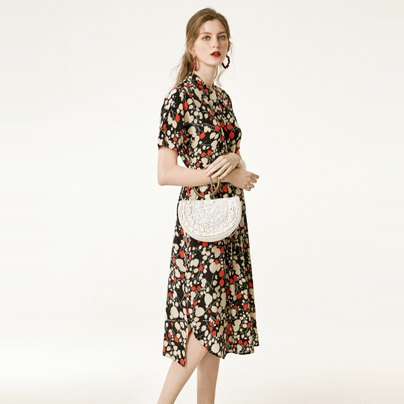 Herbst Blätter-Print Reverskragen Kurze Ärmel Seide Kleid Mit Schlitz Am Saum | VoguesUs