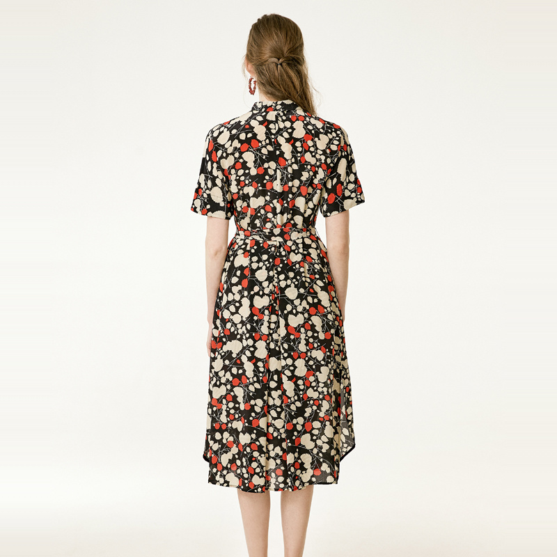 Herbst Blätter-Print Reverskragen Kurze Ärmel Seide Kleid Mit Schlitz Am Saum | VoguesUs
