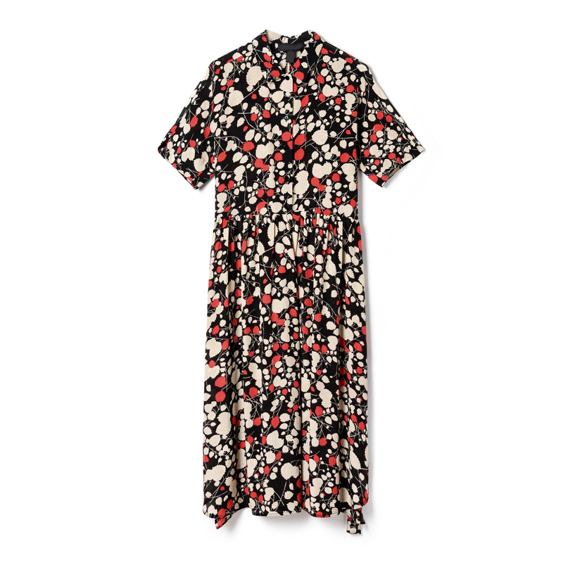 Herbst Blätter-Print Reverskragen Kurze Ärmel Seide Kleid Mit Schlitz Am Saum | VoguesUs