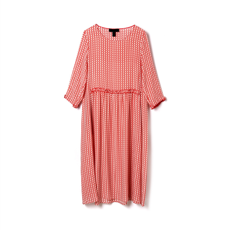 Rouge Tomate Impression Plissée Ourlet De La Robe En Soie Avec Des Fronces À La Taille | VoguesUs