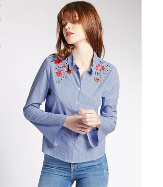 Mode Décontractée Flûte Manches Chemise Brodée | VoguesUs