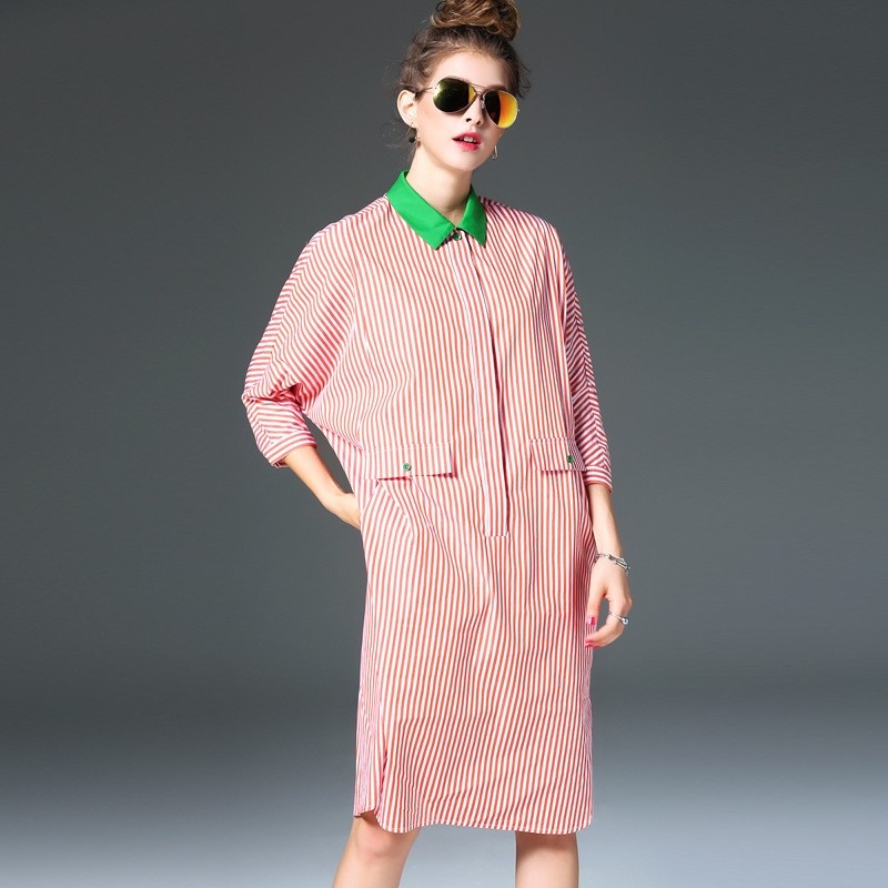 Loose Casual Fashion Stripe Color Dress With Contrast Collar |