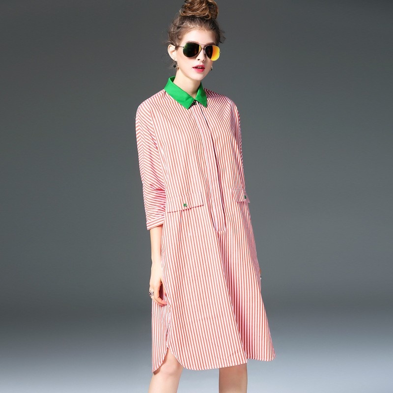 Loose Casual Fashion Stripe Color Dress With Contrast Collar |