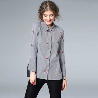 La Moda Sencilla Con Las Rayas Bordado De La Camisa De Manga Larga