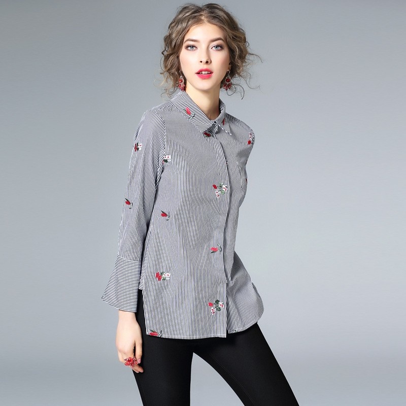Mode Simple Avec Les Rayures Broderie Chemise À Manches Longues |