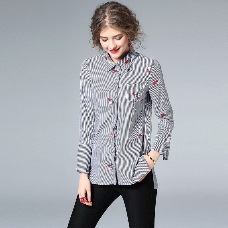 Mode Simple Avec Les Rayures Broderie Chemise À Manches Longues |