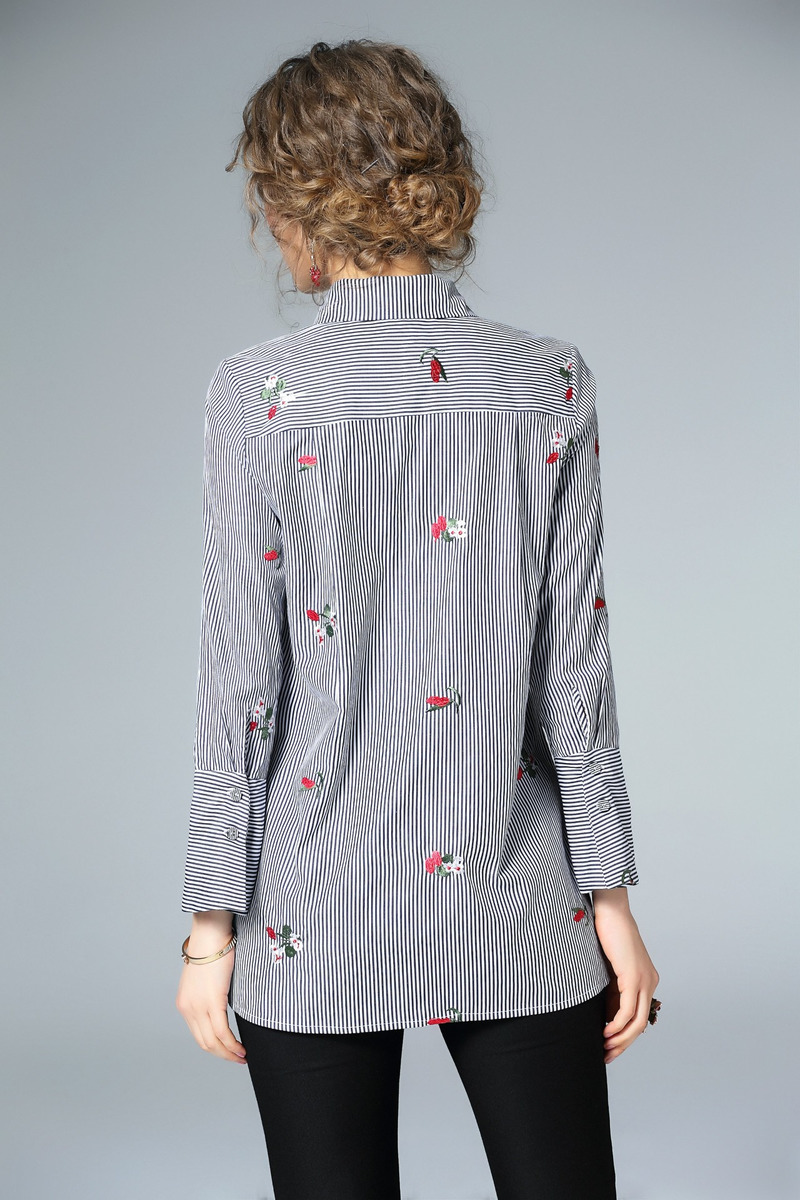 Mode Simple Avec Les Rayures Broderie Chemise À Manches Longues |