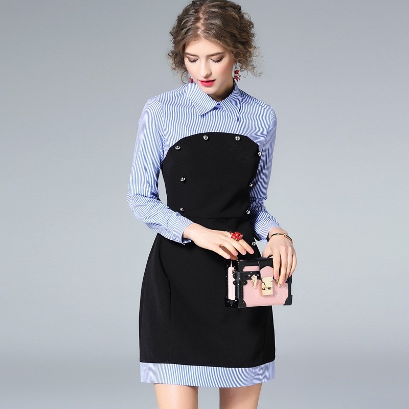 Fashion Blue Stripe Contrast Color Dress With Detailed Collar |