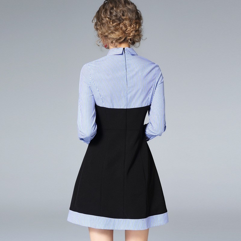 Fashion Blue Stripe Contrast Color Dress With Detailed Collar |
