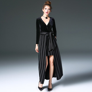 Schwarz V-Ausschnitt Langarm Streifen-Detail Maxi-Kleid Mit Tie