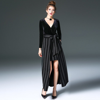 Black V Neck Long Sleeve Stripe Detail Maxi Dress With Tie Belt |