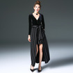 Schwarz V-Ausschnitt Langarm Streifen-Detail Maxi-Kleid Mit Tie Gürtel