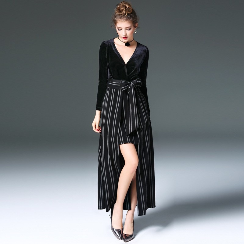 Noir Col En V Manches Longues Détail De La Bande Maxi Robe Avec