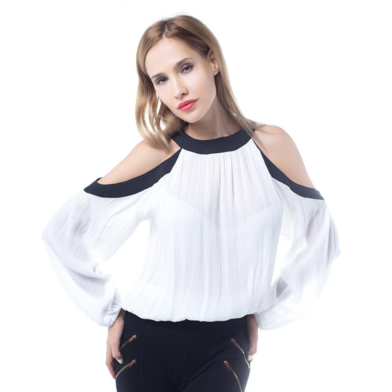 Sexy Froid Épaule En Mousseline De Soie Blouse Avec Col Contrastant |