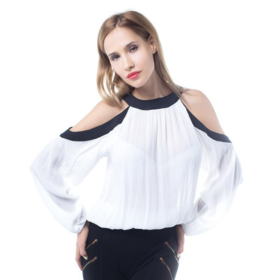 Sexy Frío Hombro De La Gasa De La Blusa Con El Contraste De Cuello