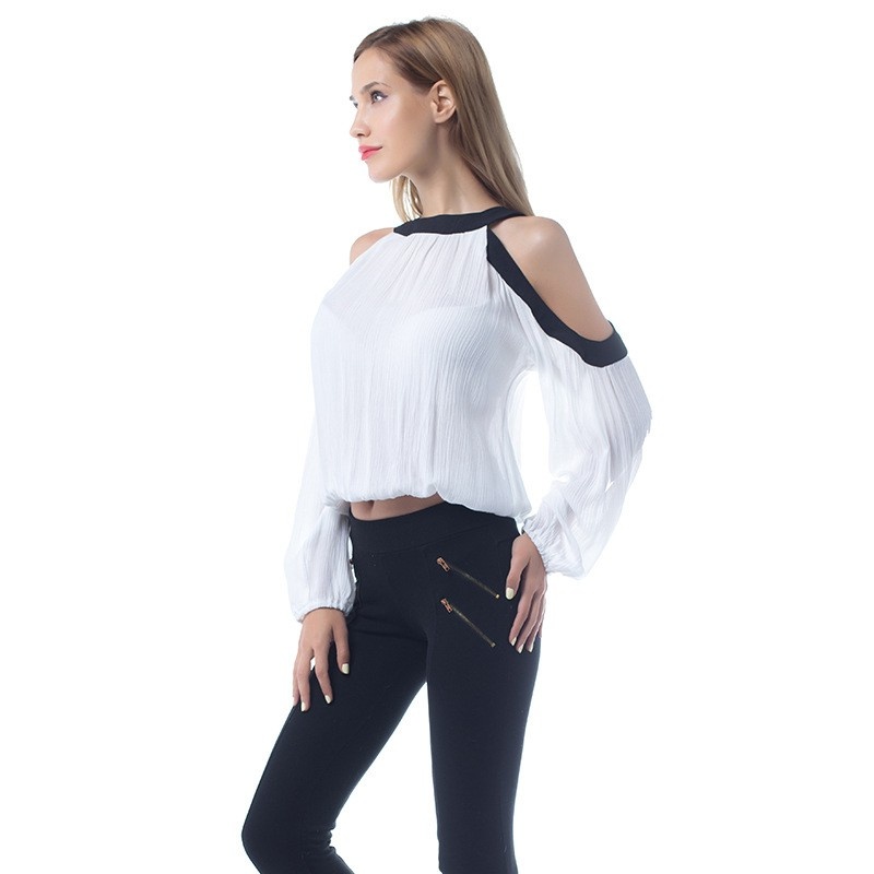 Sexy Frío Hombro De La Gasa De La Blusa Con El Contraste De Cuello