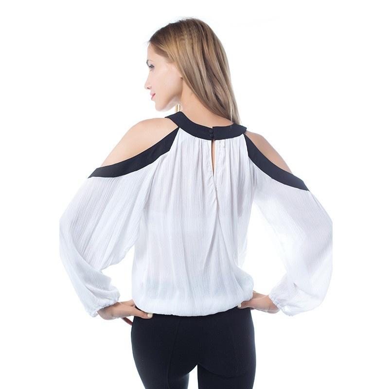 Sexy Froid Épaule En Mousseline De Soie Blouse Avec Col Contrastant |