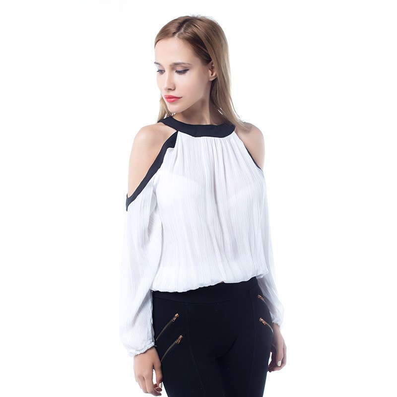 Sexy Froid Épaule En Mousseline De Soie Blouse Avec Col Contrastant |
