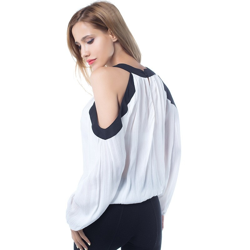Sexy Froid Épaule En Mousseline De Soie Blouse Avec Col Contrastant |