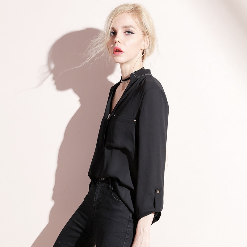 Мода Сексуальная Свободные Молния Воротник Шифон Рубашка | VoguesUs