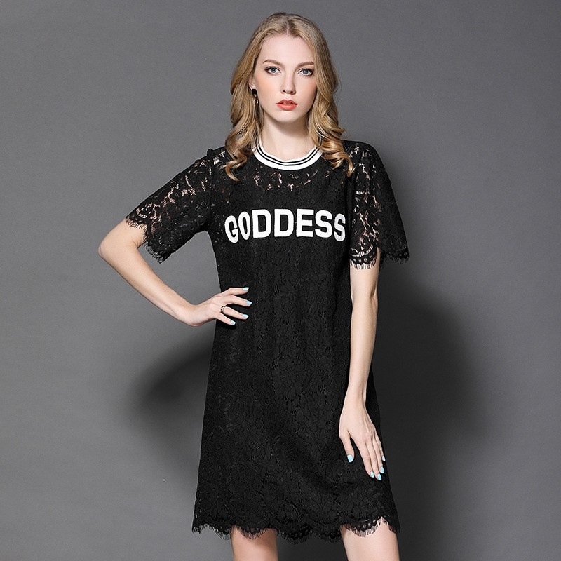 Mode Sexy Rund Ausschnitt Spitze Kleid Mit GODDNESS Brief | VoguesUs