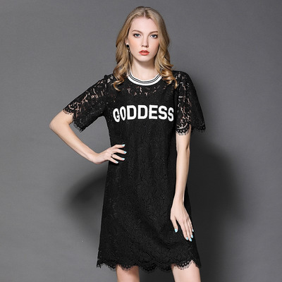 Mode Sexy Rund Ausschnitt Spitze Kleid Mit GODDNESS Brief | VoguesUs