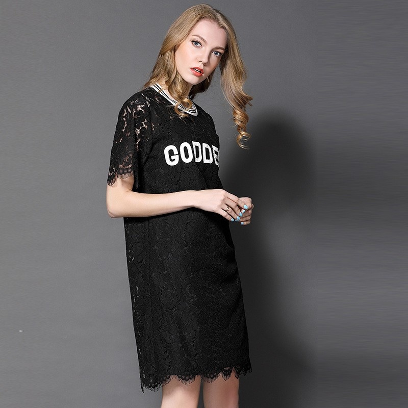 Mode Sexy Rund Ausschnitt Spitze Kleid Mit GODDNESS Brief | VoguesUs
