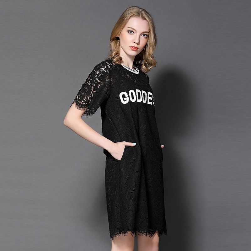 Fashion Sexy Round Neck Lace Dress With GODDNESS Letter | VoguesUs