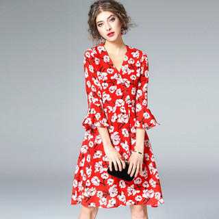 Mode Sexy V Cou Impression De Fleur De Flûte De Manches Robe En 100%